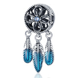 925 Sterling Silver Aqua Blue Faded Feathers Dreamcatcher Dangle Charm.