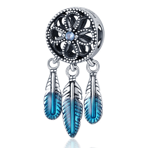925 Sterling Silver Aqua Blue Faded Feathers Dreamcatcher Dangle Charm.