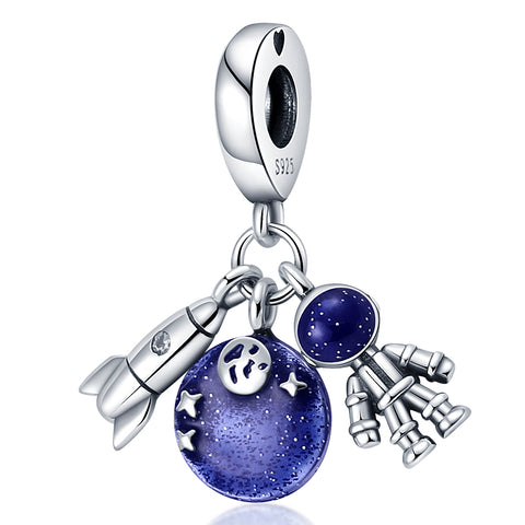 925 Sterling Silver Blue Space Astronaut Earth Rocket Dangle Charm