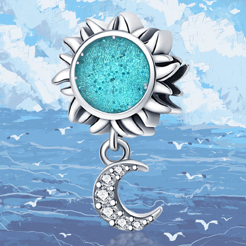 925 Sterling Silver Blue Sun Moon Dangle Charm