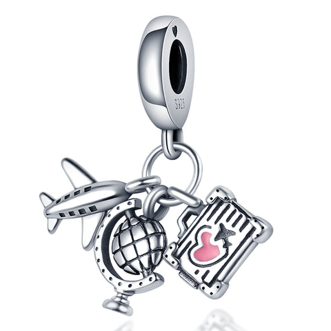 925 Sterling Silver Luxury Plane Globe Suitcase Dangle Charm