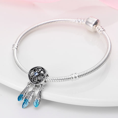925 Sterling Silver Aqua Blue Faded Feathers Dreamcatcher Dangle Charm.
