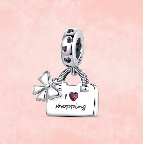 925 Sterling Silver Luxury I Love Shopping Purse Dangle Charm