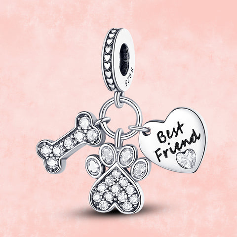 925 Sterling Silver Dog Paw Print Bone Tag Dangle Charm