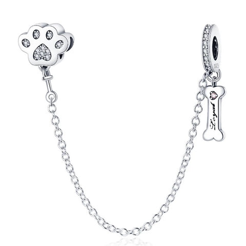 925 Sterling Silver Dog Paw and Bone Safety Chain Charm