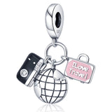 925 Sterling Silver Luxury Camera, Suitcase, & Globe Dangle Charm