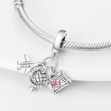 925 Sterling Silver Luxury Plane Globe Suitcase Dangle Charm