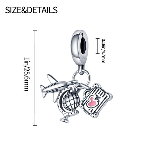 925 Sterling Silver Luxury Plane Globe Suitcase Dangle Charm