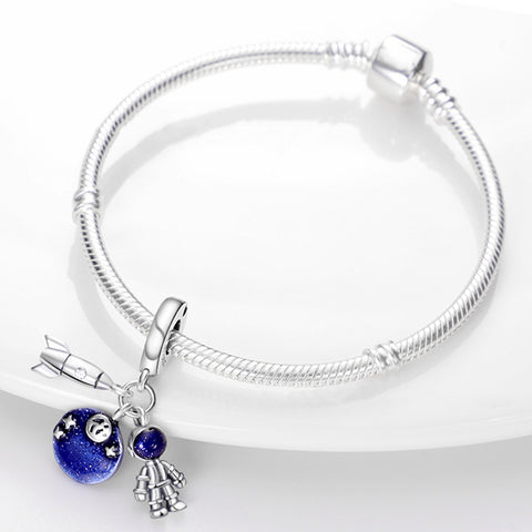925 Sterling Silver Blue Space Astronaut Earth Rocket Dangle Charm
