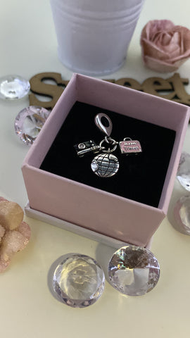 925 Sterling Silver Luxury Camera, Suitcase, & Globe Dangle Charm